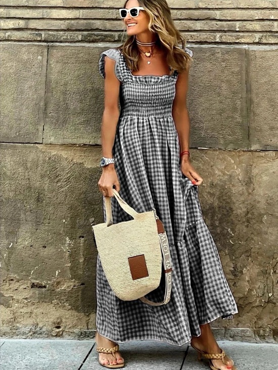 Dresses & Skirts - Gingham Smocked Maxi Dress in Gray & White Like New